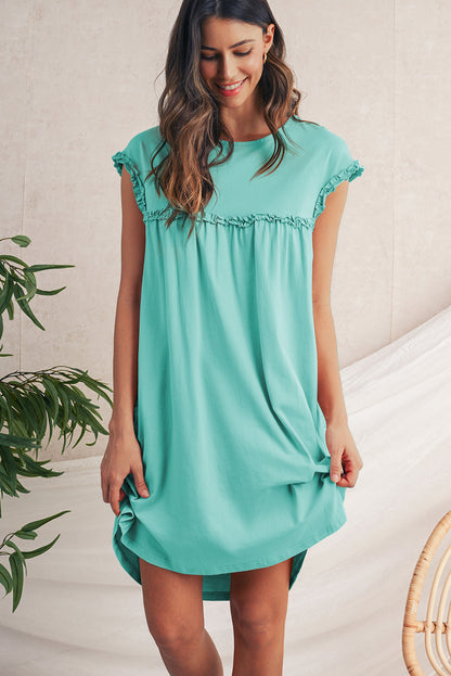 Oatmeal Frilled Trim Crewneck Loose Fit Mini Dress