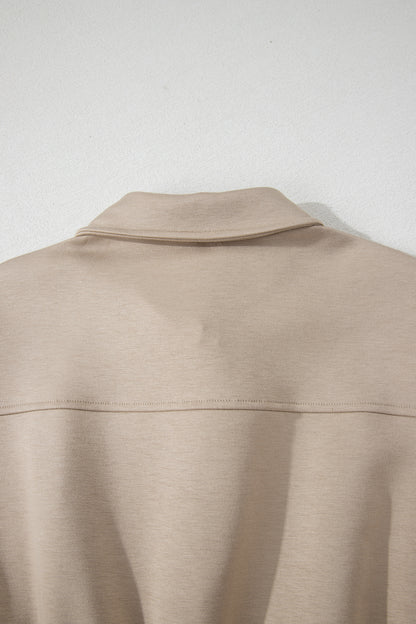 Dark Khaki Solid Color Zip Front Short Sleeve Collared Jumpsuit