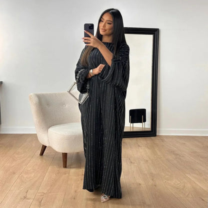 Dubai Spring/Summer Gathering Striped Dress, Women Simple O-neck Abaya Long Sleeve Dresses, Middle East Abaya Dress Islamic Robe