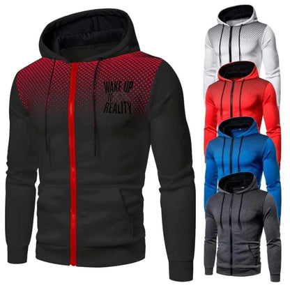 Men's Jacket Set Black Red Gradient Printed Wake Up Reality Text Hoodie Zipper Sweatshirt for Casual Outdoor Sport Wear