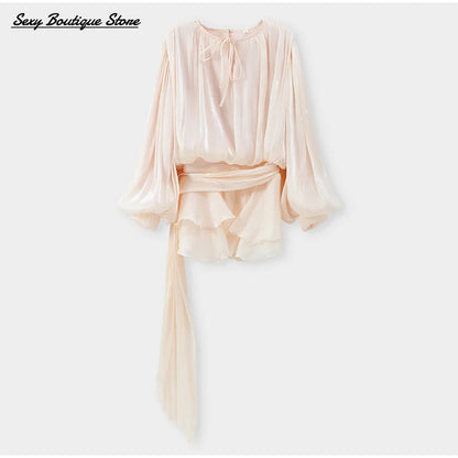 Elegant Lantern Sleeve Blouse Mini Dress With Short O Neck Low Waist Pleated Hem Robes Lace Up Party Vestidso 2025 Lady Clothing