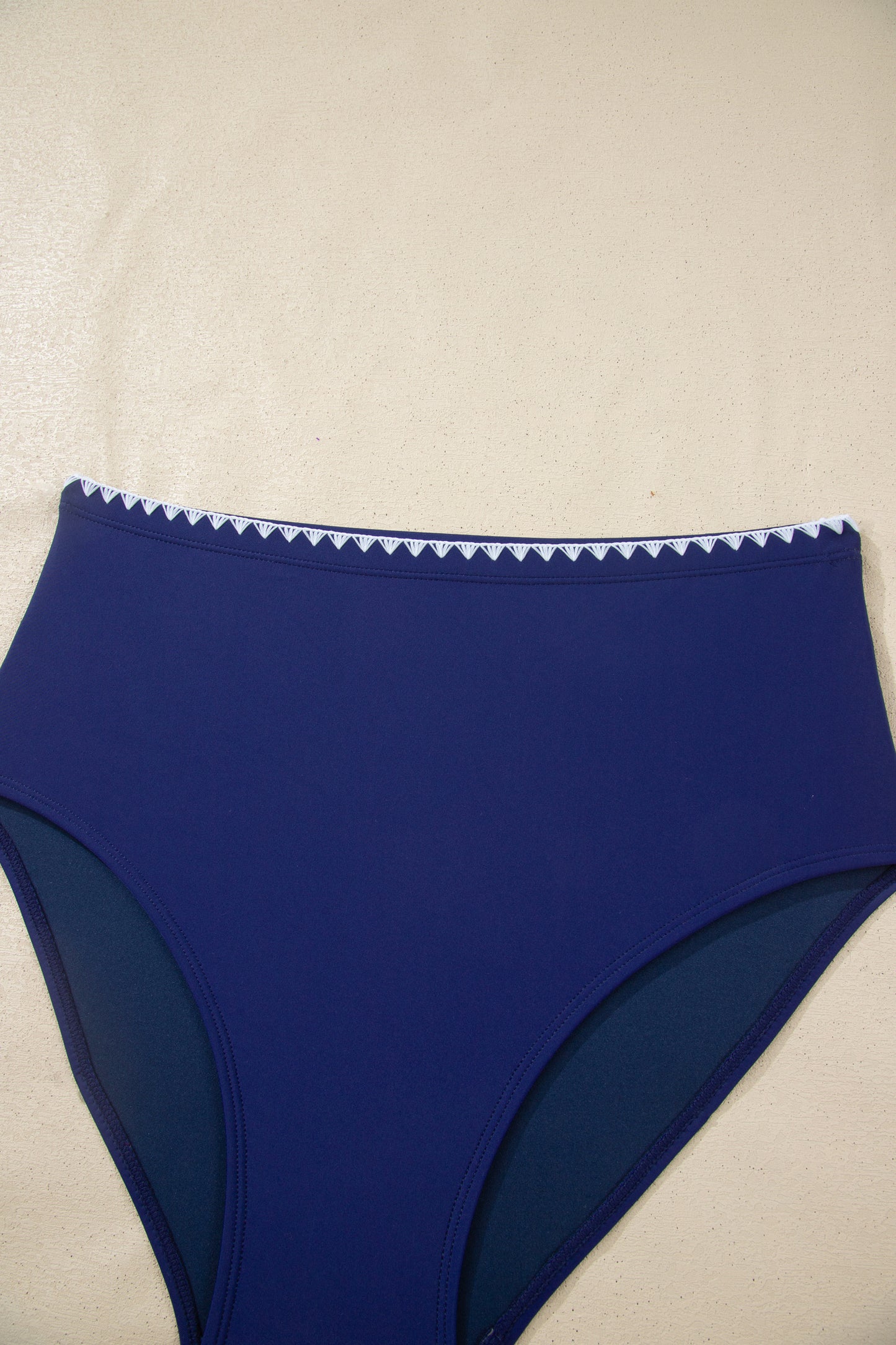 Navy Blue Shell Stitched Trim V Neck Textured Mix and Match High Waist Bikinis