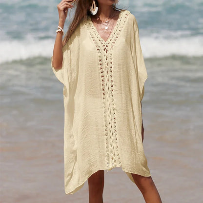 Beach Cover Up for Woman Tunic Bikini Dress Solid Color Crochet Cutout Loose Sun Protection Swimsuit Robe Bathing Suit Sundress
