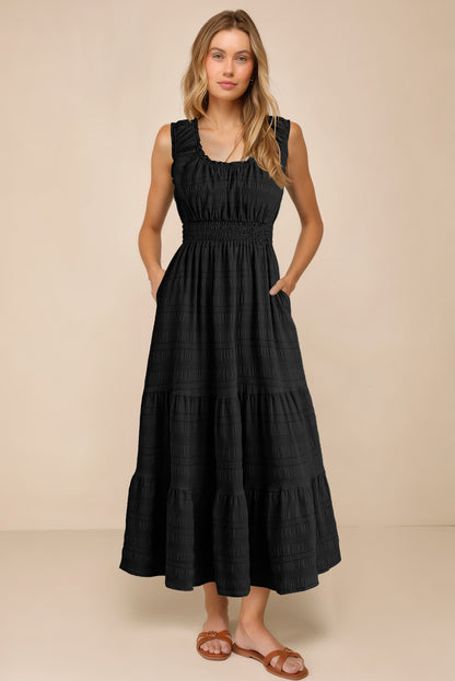 Rose Shirred Pleated Square Neck Sleeveless Midi Dress