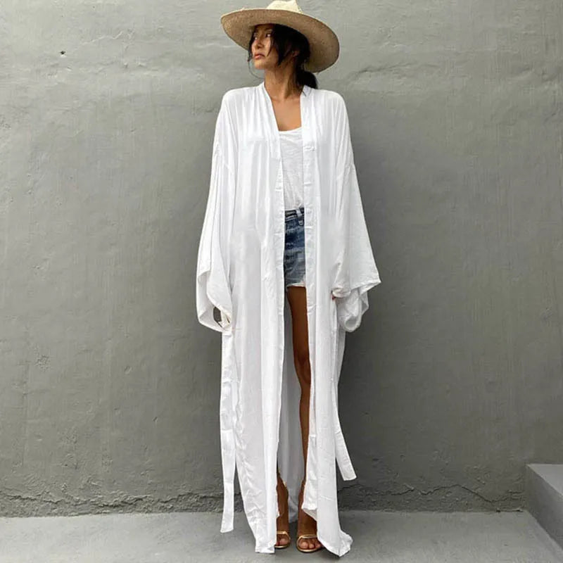 Para Praia Solid Cotton Bikini Cover Ups Beachwear Kimono Beach Robe Maxi Long Dress Sarong Women Loose Cardigan Swimsuit Covers
