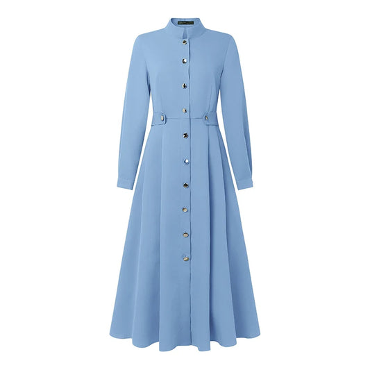 ZANZEA Plus Size Women's Midi Dresses Elegant Casual Mock Neck Long Sleeve Button Up A-Line Long Dress FW Woman Clothing 5XL