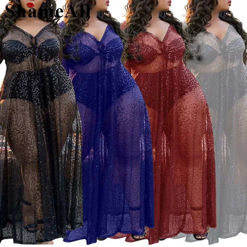 Plus Size Sequined Long Maxi Dres 4XL Summer See Through Red Sexy V Neck Transparent Floor Length Dress Club Party Robe Vestidos