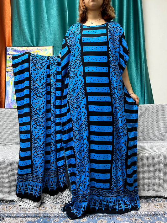 Muslim Abayas For Women 2024 Printed Cotton Short Sleeve Loose Fit Femme Robe Moroccan Caftan Nigeria Drsses With 80x160cm Sarf