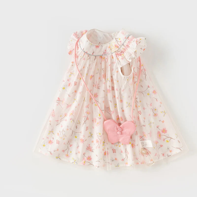 Dave Bella Girl's Dress 2025 New Summer Children Baby Princess Dress Butterfly Floral Mesh Gentle Sweet Sleeveless DB2241117