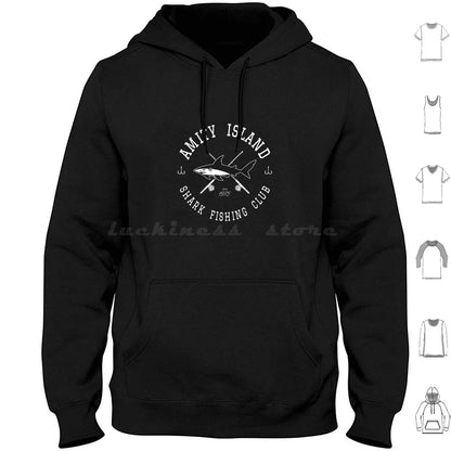 Amity Island Shark Fishing Club White Hoodies Long Sleeve Sharks Shark Week Jaws Parody Teeth Attack Bite Quint Brody