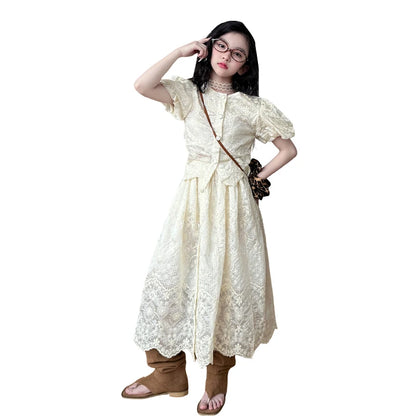 summer teen girl Embroidery dress set Bubble sleeve lace top+long skirt 2pcs junior kid suit child outfits vetement enfant fille