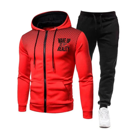 Men's Jacket Set Black Red Gradient Printed Wake Up Reality Text Hoodie Zipper Sweatshirt for Casual Outdoor Sport Wear