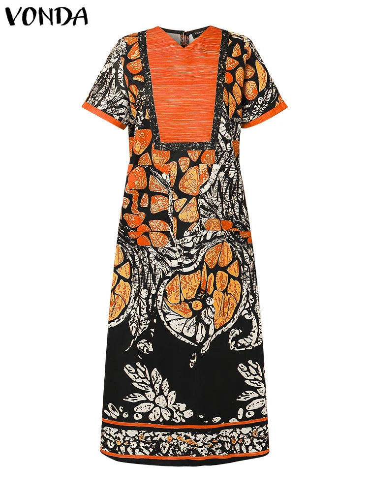 VONDA Women Vintage Printed Dress Summer Party Maxi Vestidos 2025 Bohemian Patchwork V Neck Sundress Casual Loose Robe Femme