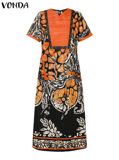 VONDA Women Vintage Printed Dress Summer Party Maxi Vestidos 2025 Bohemian Patchwork V Neck Sundress Casual Loose Robe Femme