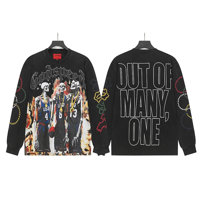 American Streetwear Godspeed Long Sleeve Graffiti Skeleton Print Casual Trend Washed 100% Cotton Round Neck T-Shirt
