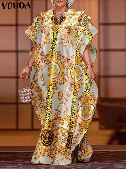 VONDA 2024 Elegant Satin Long Dress Fashion European Maxi Long Dress Sexy Printed Patchwork Bat-wing Sleeve Vestidos Ruffle Robe