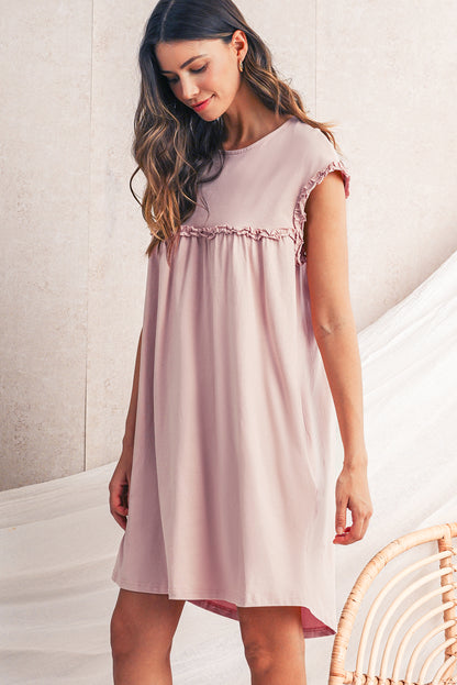 Oatmeal Frilled Trim Crewneck Loose Fit Mini Dress