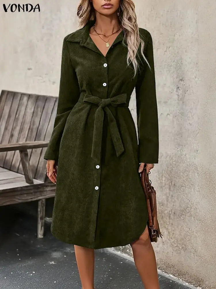 Elegant Plus Size Dresses VONDA Women Corduroy Midi Vestidos 2025 Autumn Long Sleeve Solid Casual Streetwear Holiday Party Robe