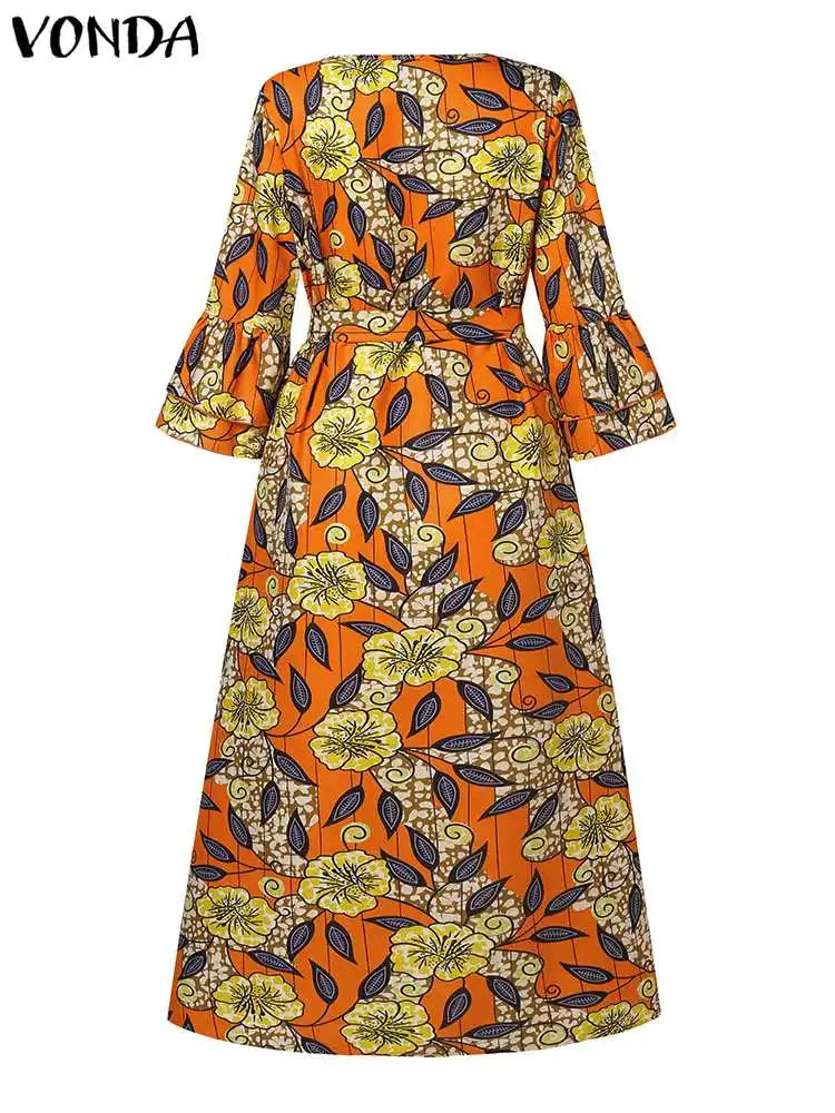 Plus Size 5XL VONDA Women Floral Printed Maxi Dress Bohemian Dress Sexy V-Neck Long Sleeve Ruffled Vestidos Casual Loose Robe