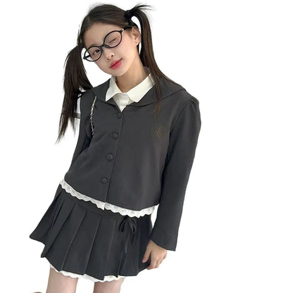 teen girls skirt set college style suit jacket+pleated skirt 2pcs junior kids clothes suit child outfits vetement enfant fille