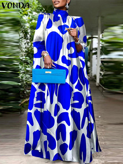 Plus Size VONDA Women Elegant Printing Maxi Long Dress 2024 Casual Stand Collar Robes Bohemian Bat-wing Sleeve Party Vestidos