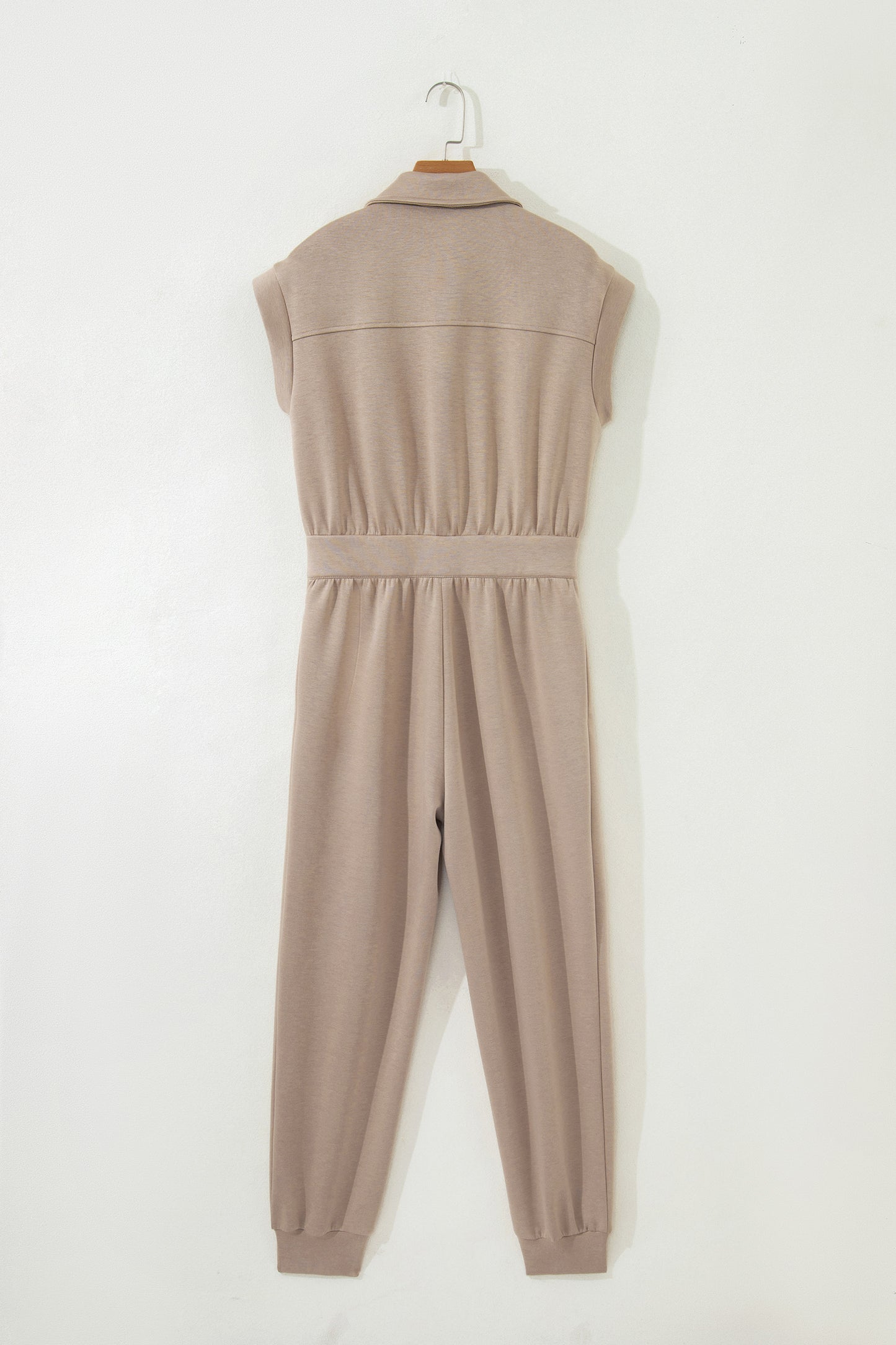 Dark Khaki Solid Color Zip Front Short Sleeve Collared Jumpsuit