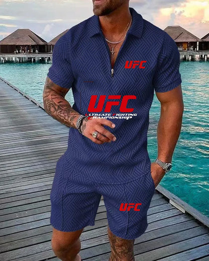 2025 Summer New Casual Fashion Style Polo Set, UFC Fighting Fans, Zipper Polo Shirt+Shorts, Outdoor Sports Two Piece Set