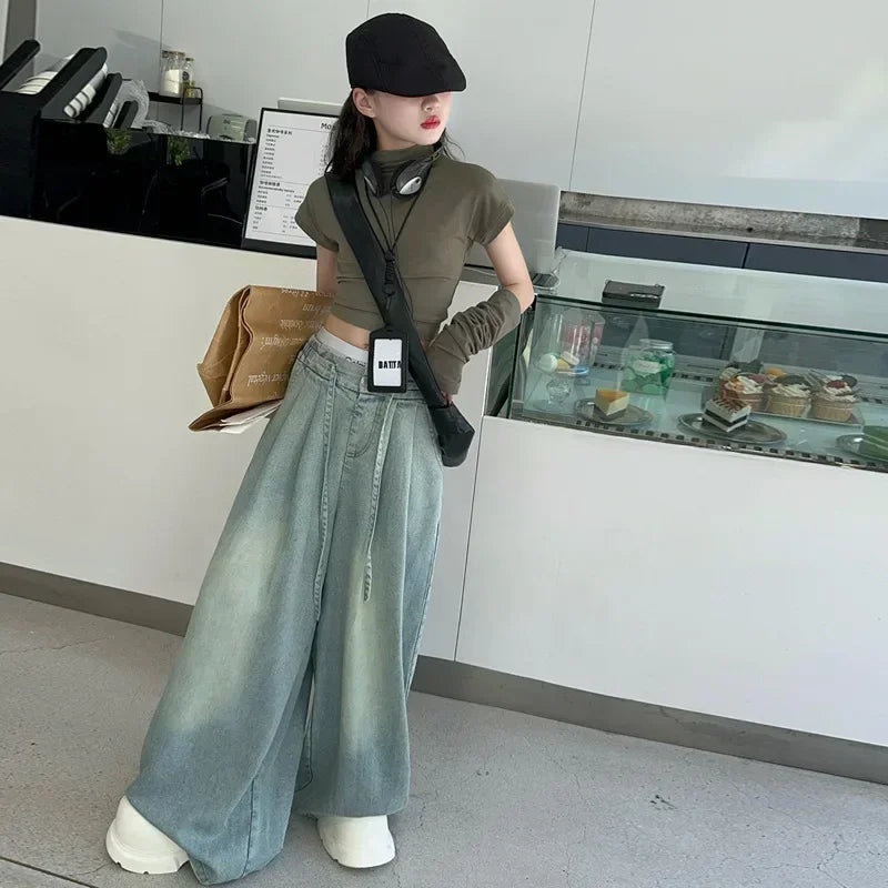 Girls Jeans 2025 Autumn Famous Western-style Child Wide Leg Pants Kids Floor Trousers 6 8 10 12 14 Vetement Enfant Fille Clothes