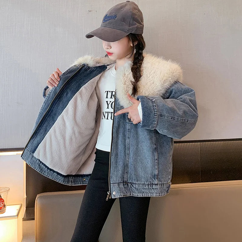 junior girl winter jackets vetement enfant fille Thickened inner rabbit fur denim jacket teenr outerwear kids warm coat overwear