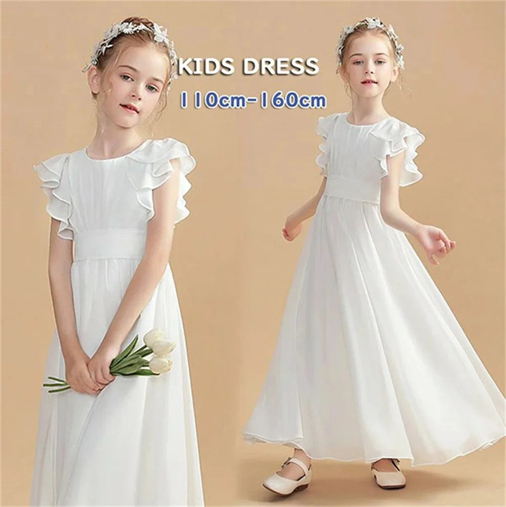 Hot Sale Flower Girl Dress Ruffles Sleeves Quinceanera Dresses Bridesmaid Dress Ruched Chiffon Sash robe de petite fille mariage