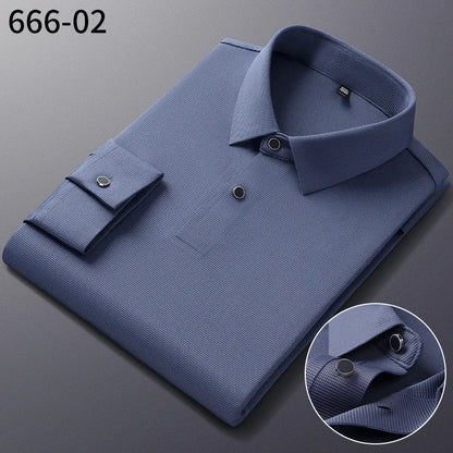 Personalized Seamless High Stretch Men's Polo Shirt Customized Long Sleeved Solid Color No Ironing High-end Vertical T-shirt