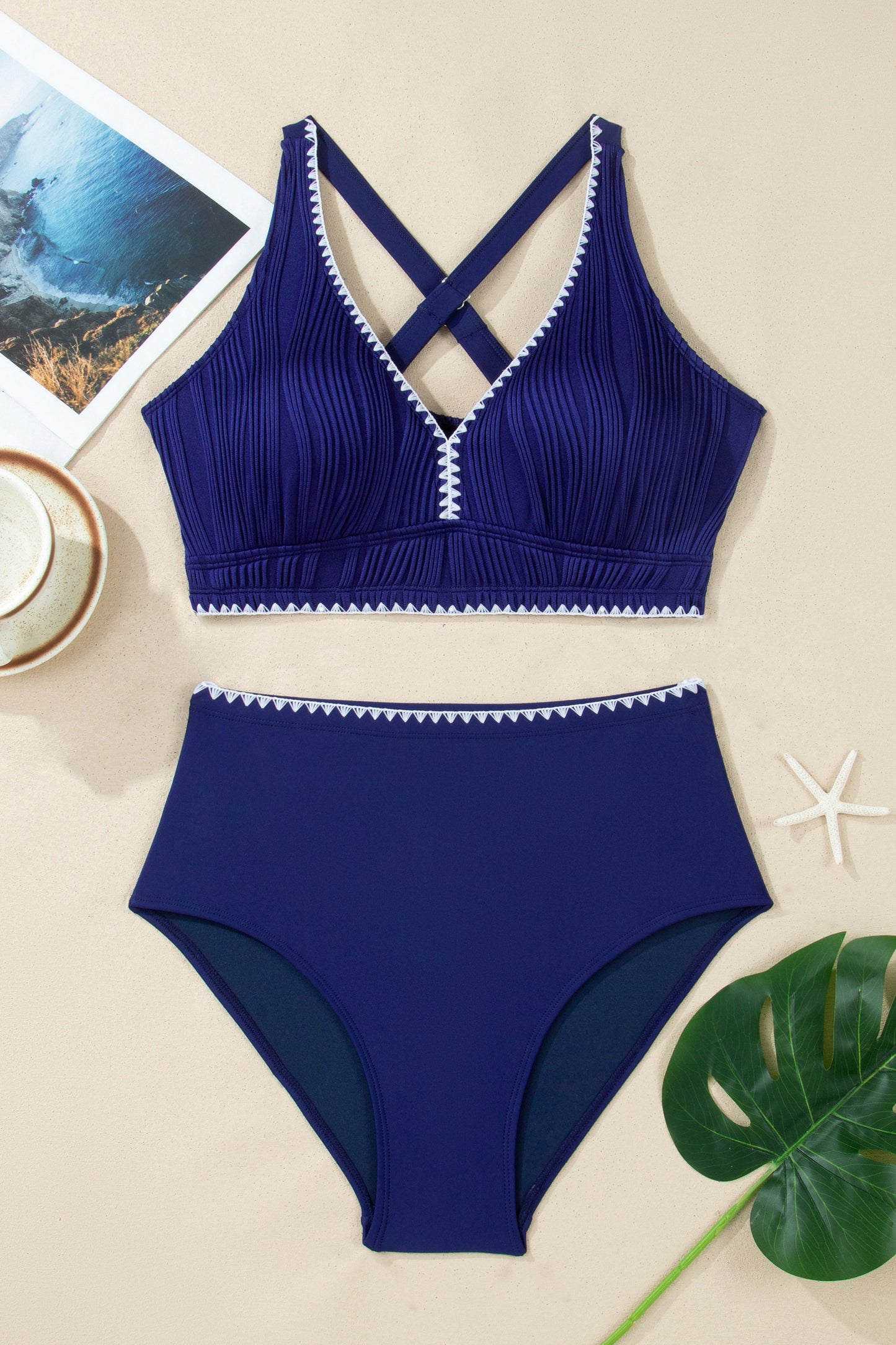 Navy Blue Shell Stitched Trim V Neck Textured Mix and Match High Waist Bikinis