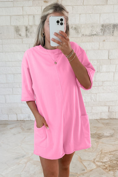 Fiery Red Solid Color Raw Edge Half Sleeve Pocketed Loose Romper