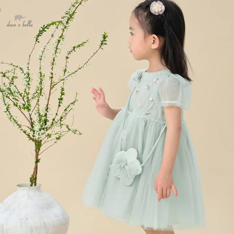 Dave Bella Girl's Princess Dress 2024 New Summer Children's Baby Short Sleeves Mesh Cute Sweet Charm Fashion Casual DB2241022