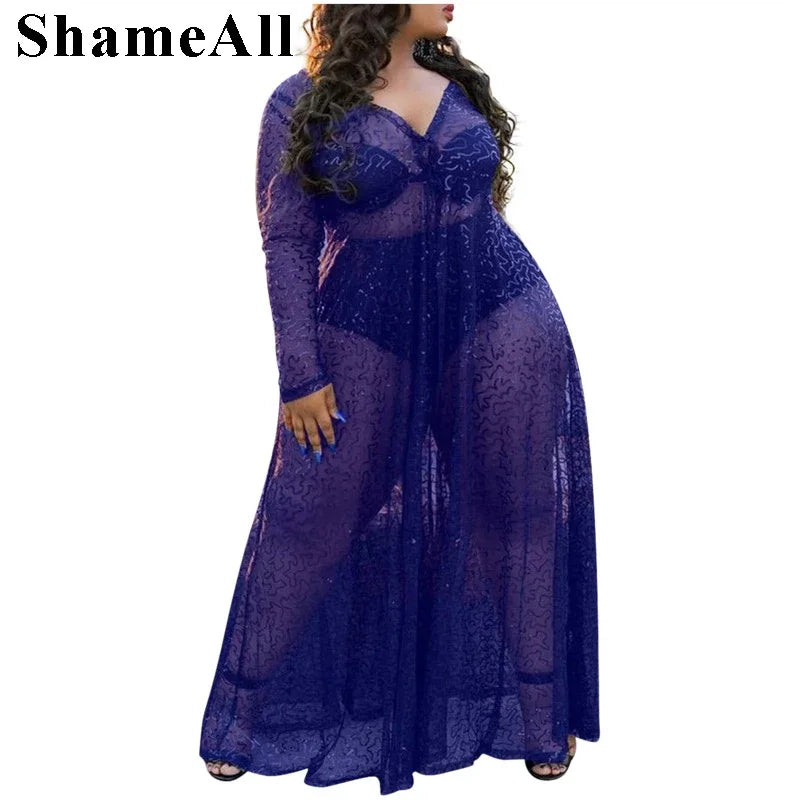 Plus Size Sequined Long Maxi Dres 4XL Summer See Through Red Sexy V Neck Transparent Floor Length Dress Club Party Robe Vestidos