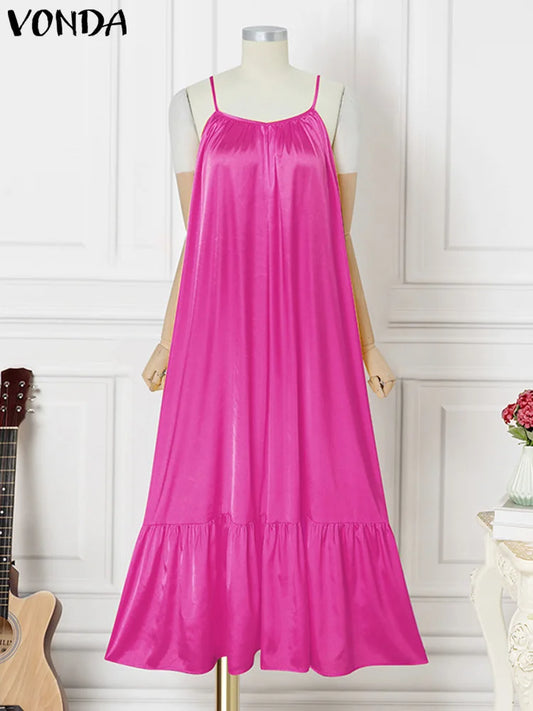 Plus Size Women's Summer Dress Spaghetti Strap Sexy Maxi Sundress 2025 Satin Party Beach Vestido Ruffled Robe 5XL