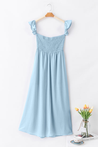 Sky Blue Off Shoulder Ruched Bust Sheer Slit Maxi Dress