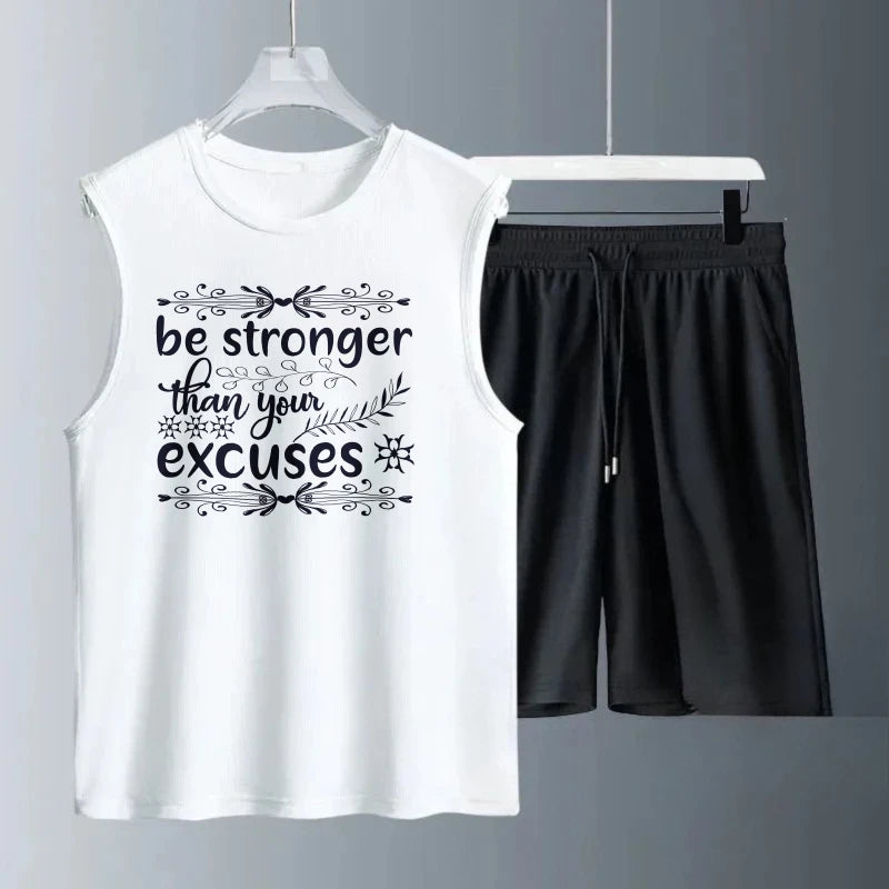 Men's vest suit Summer sleeveless printed Be Stronger tank  Tops + shorts  man fashion suits	tracksuits for man Quick drying