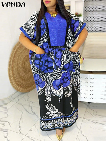 VONDA Women Vintage Printed Dress Summer Party Maxi Vestidos 2025 Bohemian Patchwork V Neck Sundress Casual Loose Robe Femme