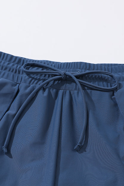 Blue Solid Color 2-in-1 Drawstring Elastic Waist Swim Shorts