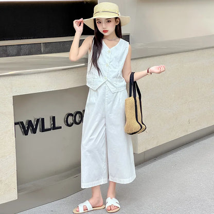 French Desig Girls Vest Set Sleeveless Tops+Wide Leg Pants 2pcs 4-14 Junior Kid Clothes Suit Child Outfits Vetement Enfant Fille