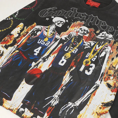 American Streetwear Godspeed Long Sleeve Graffiti Skeleton Print Casual Trend Washed 100% Cotton Round Neck T-Shirt