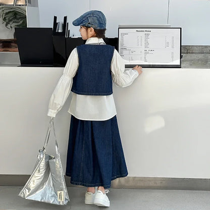vetement enfant fille teen girls clothes set denim vest+cotton white shirt+Pleated long skirt 3pcs junior kid suit child outfits