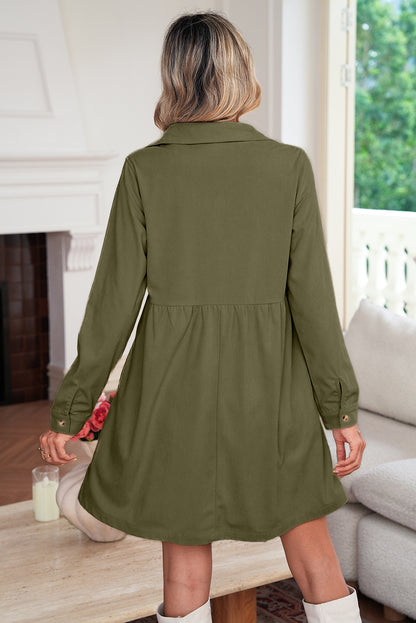 Black Corduroy Half Button Collared Long Sleeve Mini Dress
