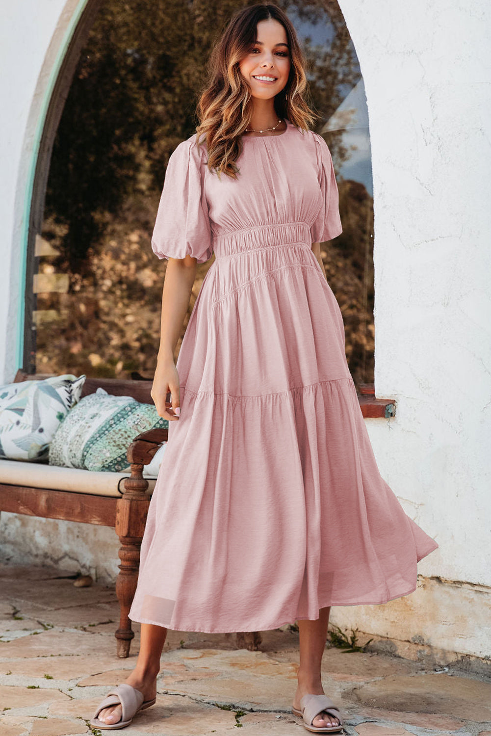 Pink Puff Sleeve High Waist Flowy Midi Dress