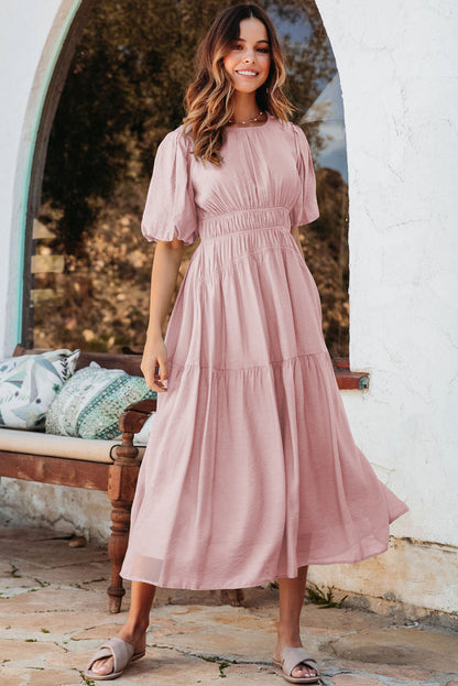Pink Puff Sleeve High Waist Flowy Midi Dress