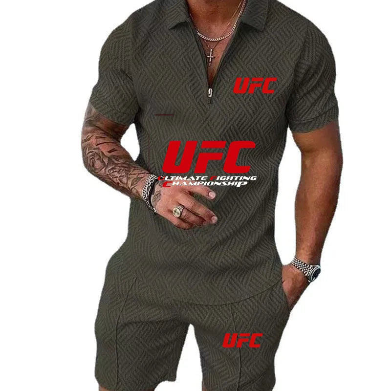 2025 Summer New Casual Fashion Style Polo Set, UFC Fighting Fans, Zipper Polo Shirt+Shorts, Outdoor Sports Two Piece Set