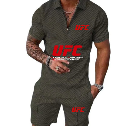 2025 Summer New Casual Fashion Style Polo Set, UFC Fighting Fans, Zipper Polo Shirt+Shorts, Outdoor Sports Two Piece Set