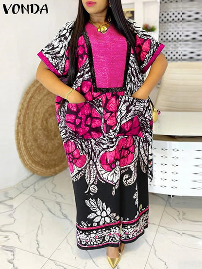 VONDA Women Vintage Printed Dress Summer Party Maxi Vestidos 2025 Bohemian Patchwork V Neck Sundress Casual Loose Robe Femme