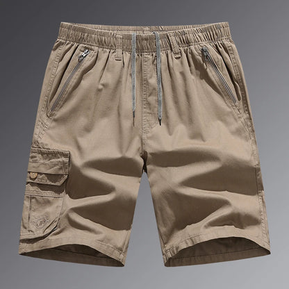 Cotton Cargo Shorts Men Summer Breathable Drawstring Short Pants Casual Loose Straight Work Shorts Elastic Waist Outdoor Shorts